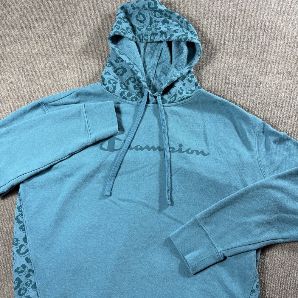 Champion‎ Womens M Aqua Hoodie Script Logo Bungee Hem Pullover Sweatshirt